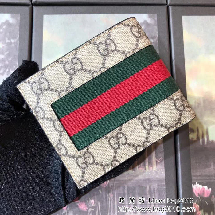 GUCCI古馳 專櫃同步 紅藍綠織帶加杏色雙G提花面料 男士雙折皮夾 408827 杏色 WTG1927